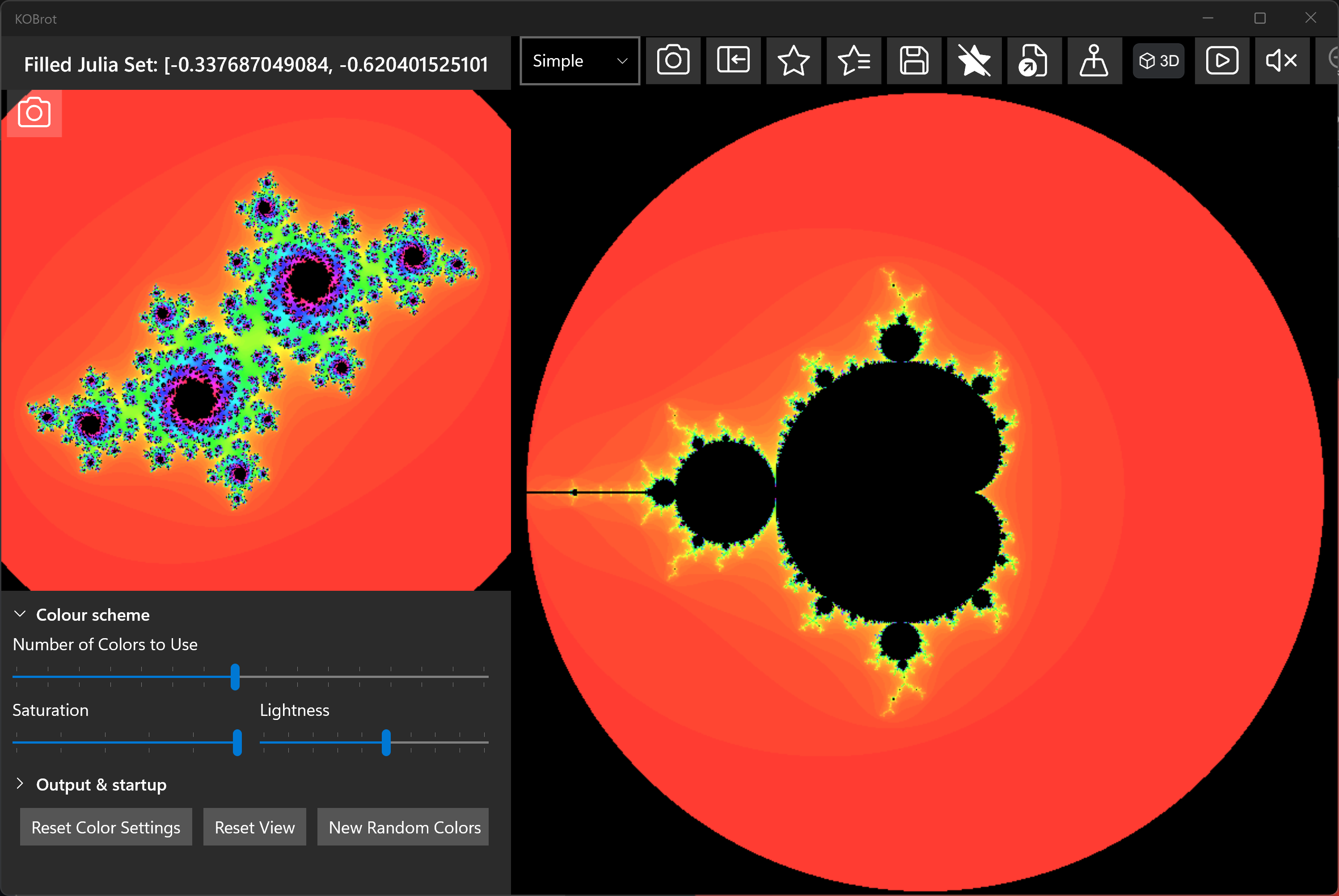 KOBrot main screen showing the Mandelbrot set with its companion Julia set