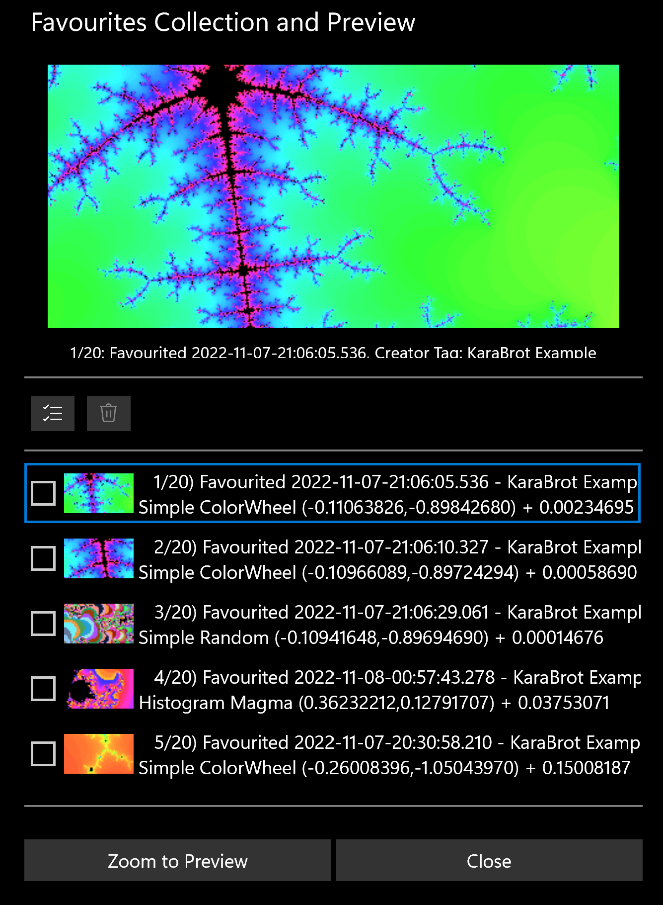 KOBrot favourites collection dialog listing saved views