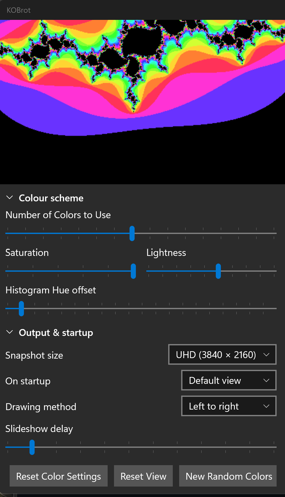 KOBrot sidebar controls showing the collapsible Colour scheme and Output and startup sections