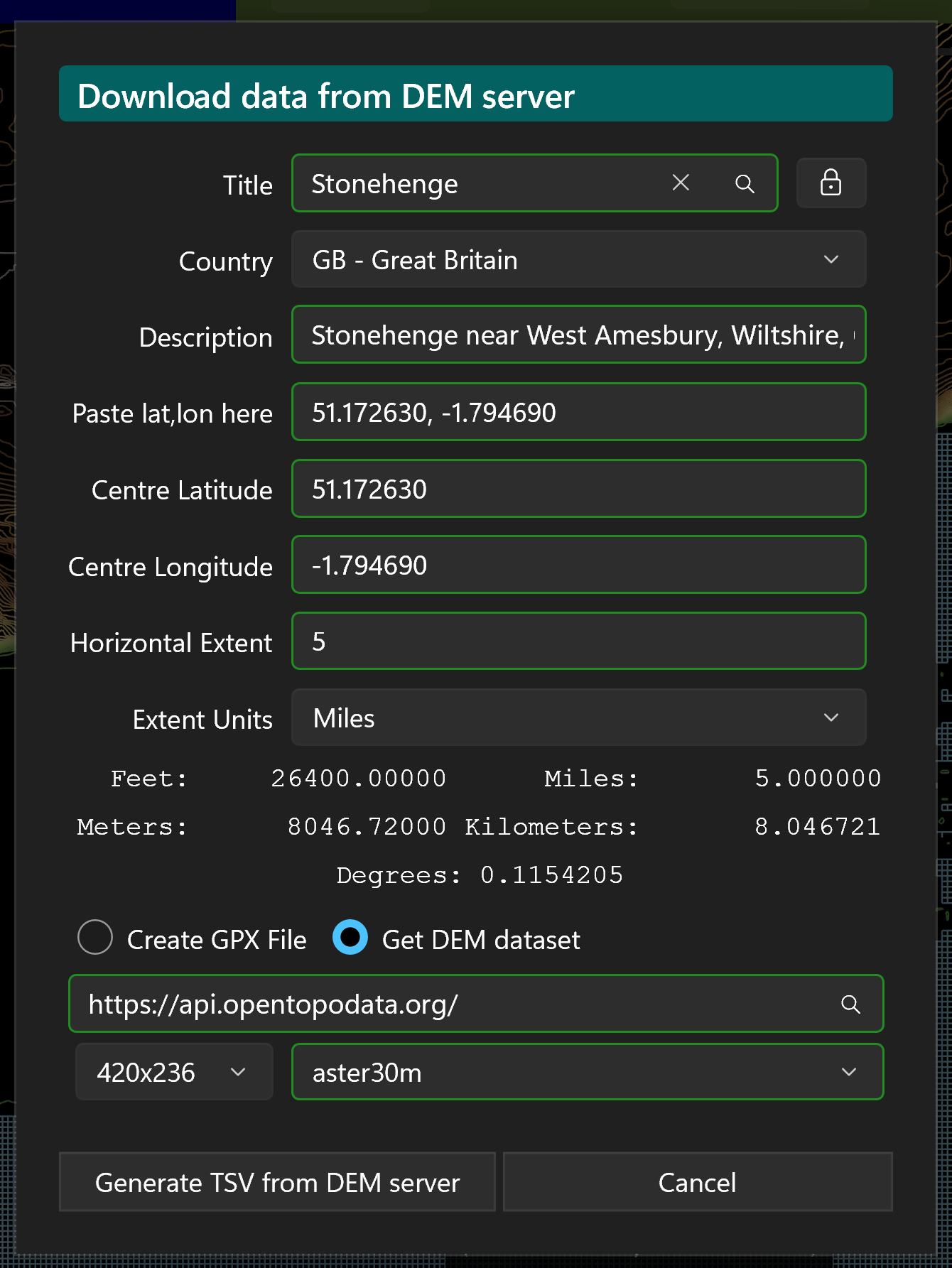 KOContour DEM data download dialog