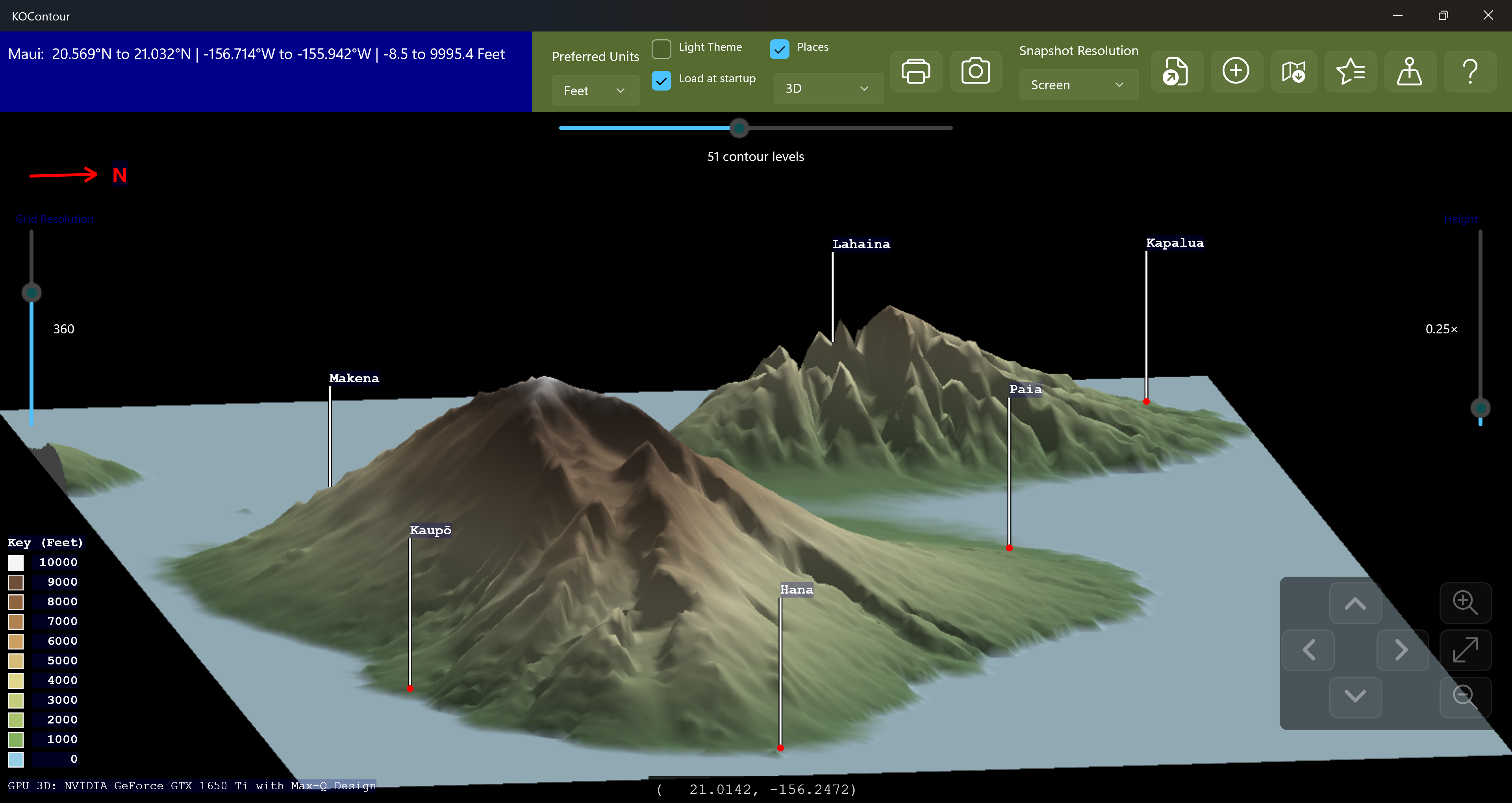 The same 3D terrain rotated to a different bearing and tilt