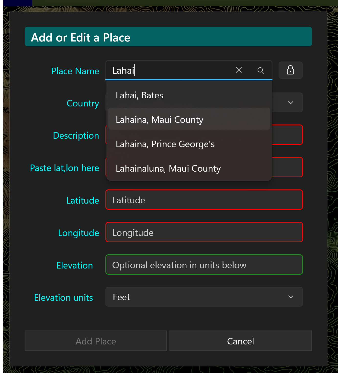 Add or Edit a Place dialog for Lahaina
