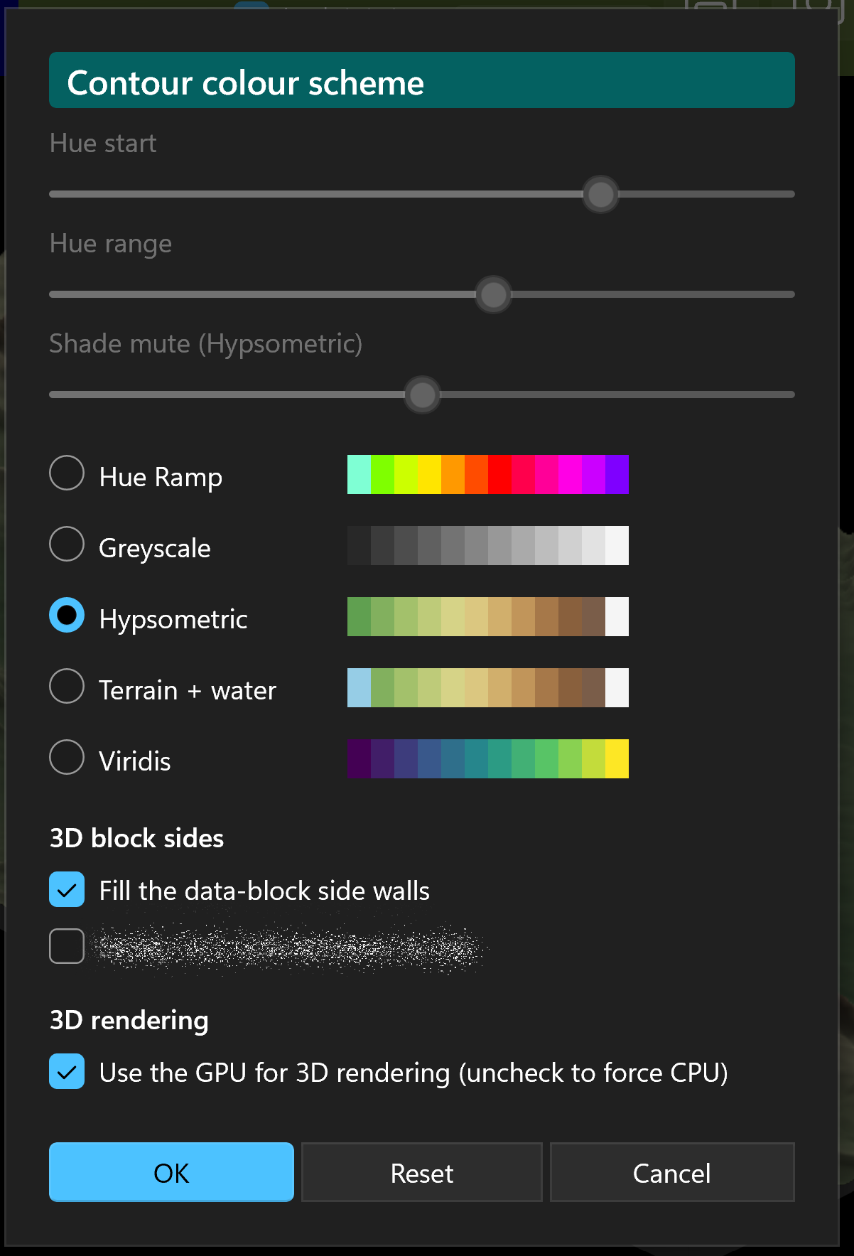 Contour colour-scheme chooser dialog with hue and shade-mute sliders and preview swatch strips