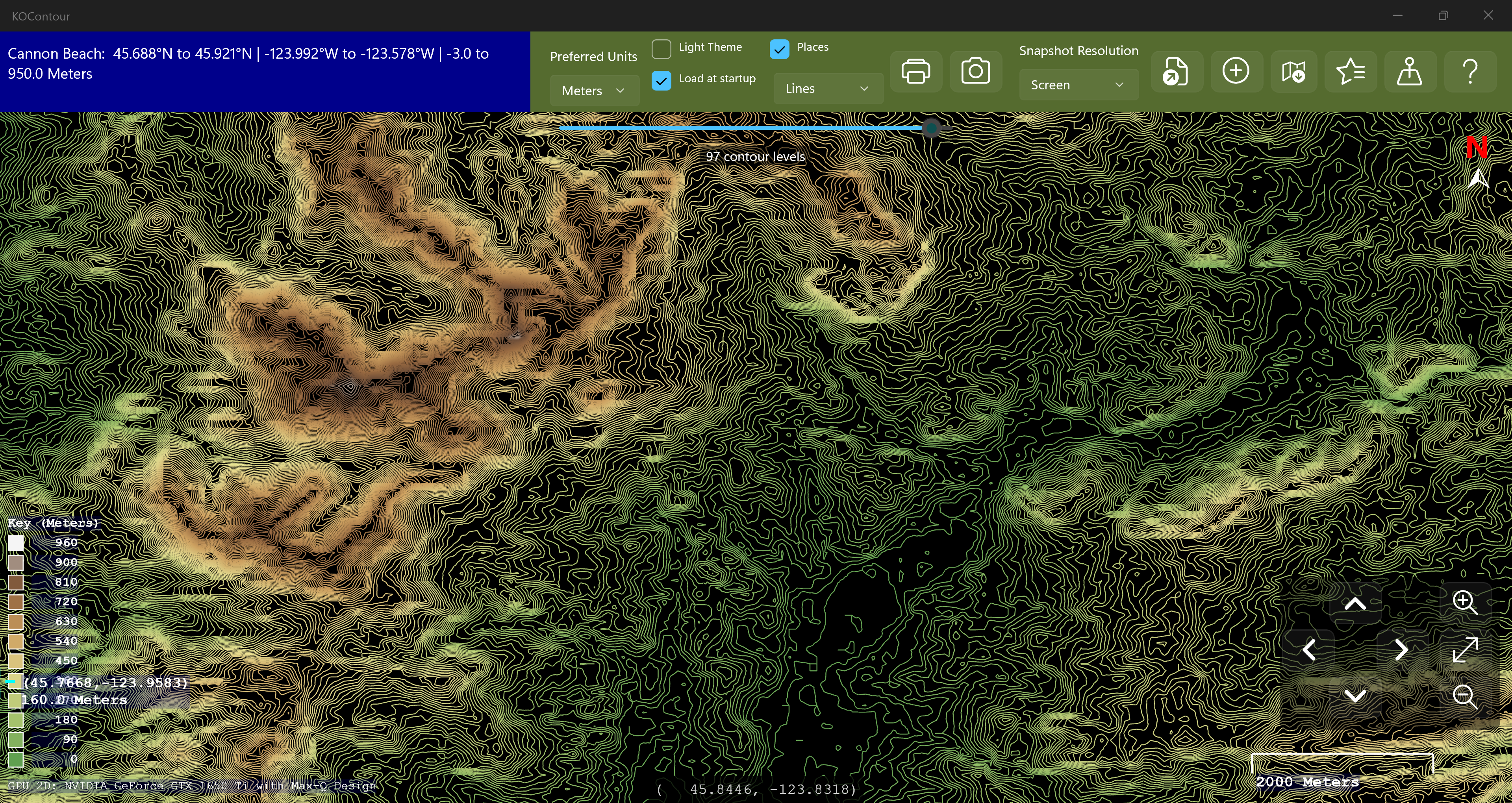 Contour map drawn with the hypsometric colour scheme