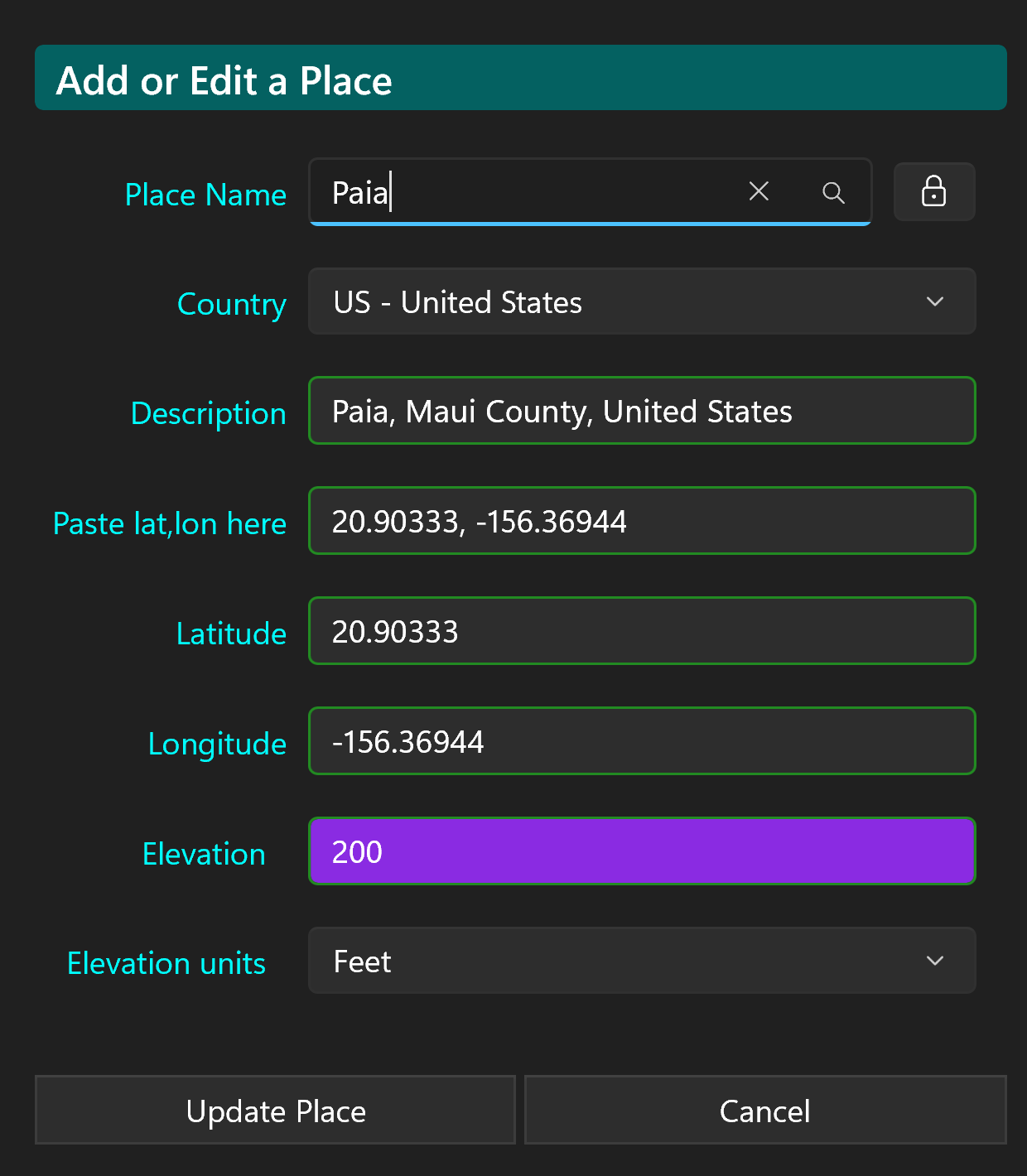 Paia elevation suggestion highlighted in purple