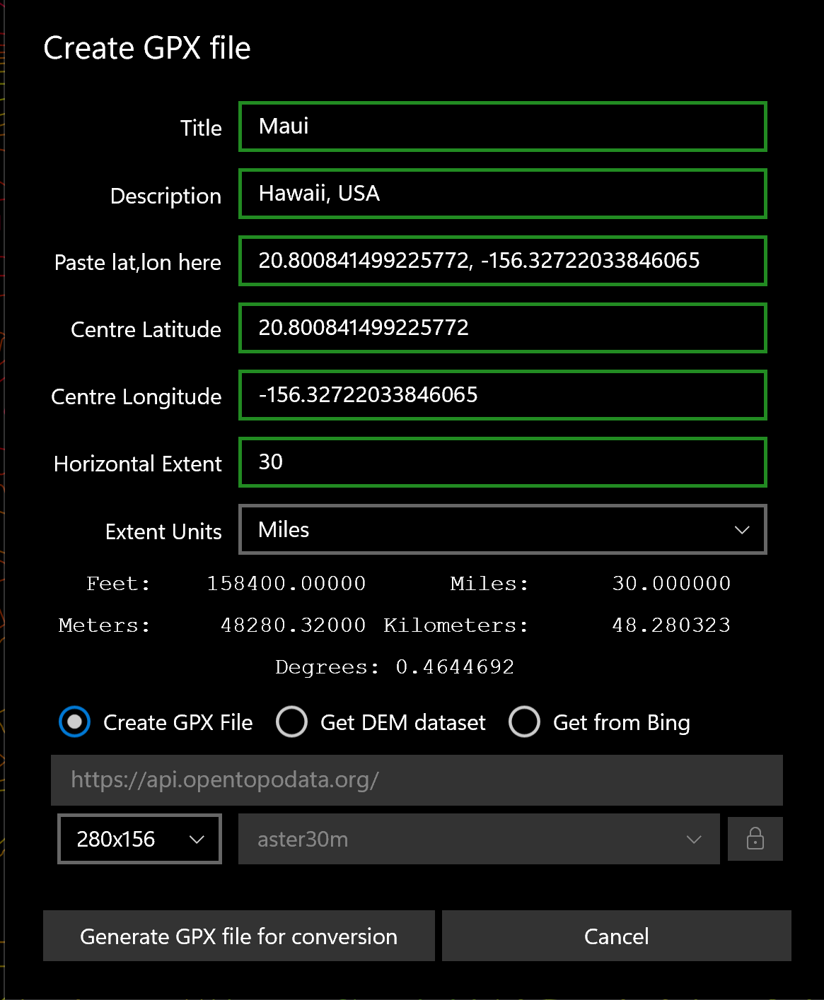 KOContour Create GPX Data dialog