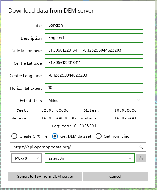 KOContour DEM data download dialog