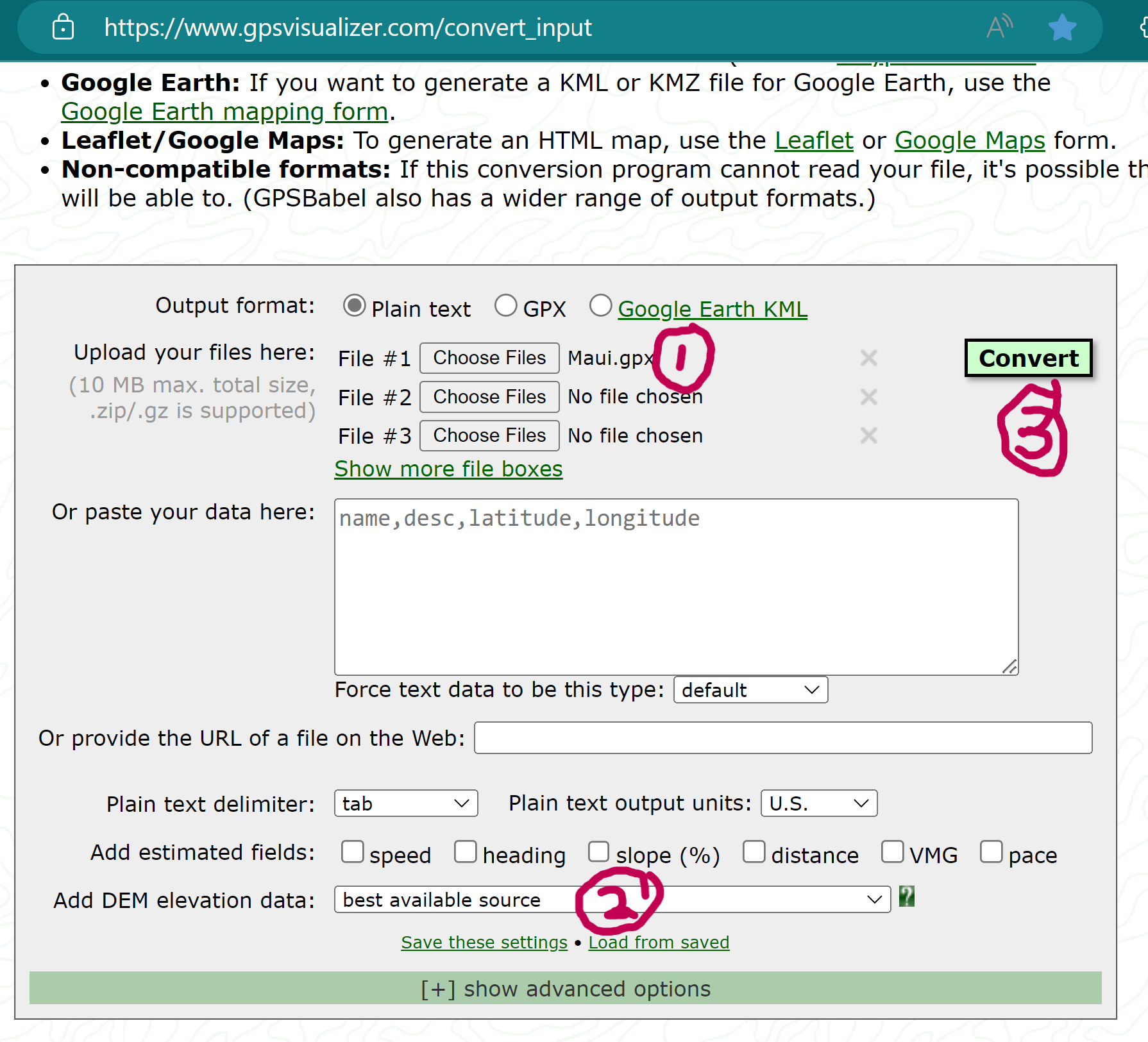 GPS Visualizer conversion controls