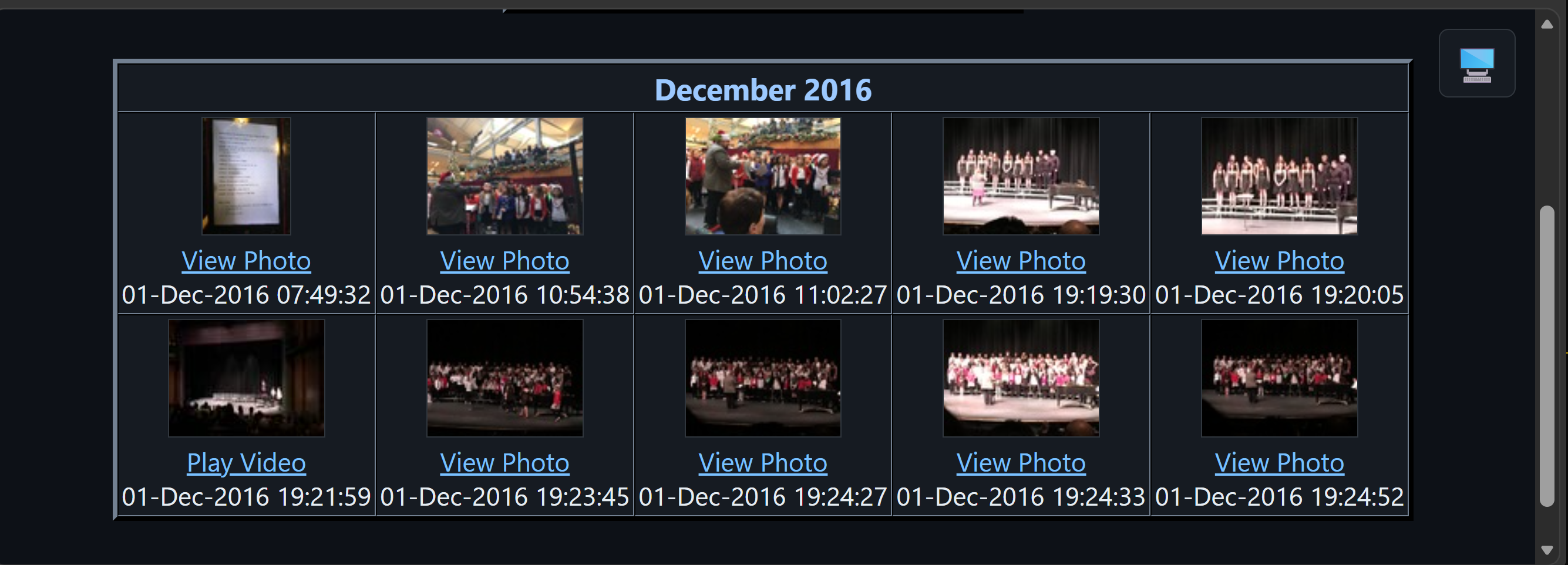 The HTML contact sheet SnapDragger generates, with a table of thumbnails for each month