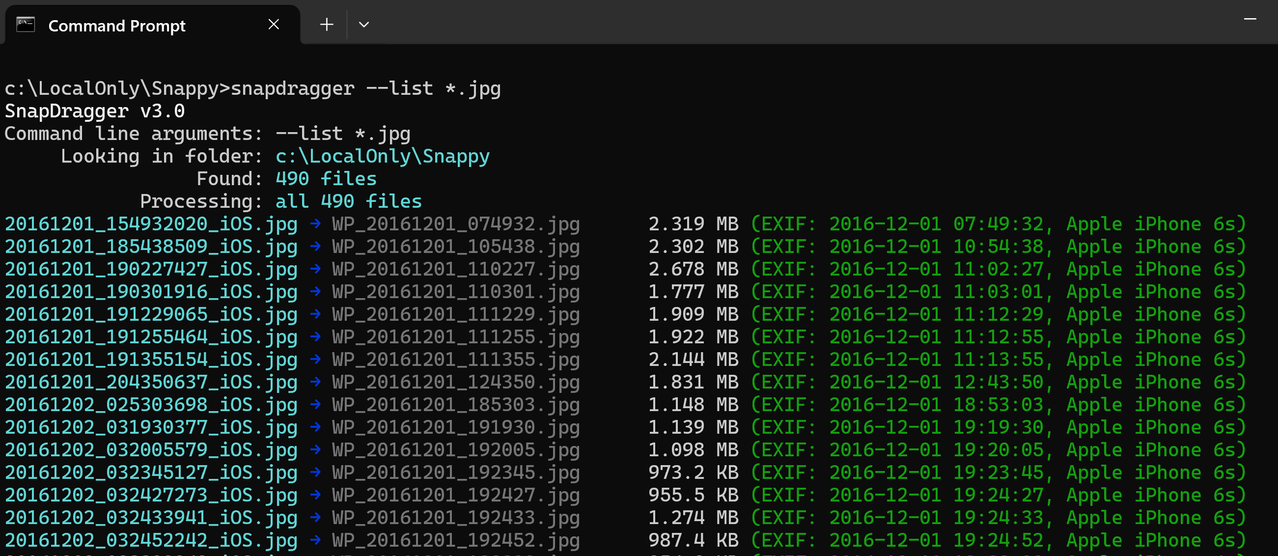SnapDragger running --list over a folder of 490 JPEGs, showing each iOS file name, the timestamped name it would be given, its size, and the Exif date and camera it was read from