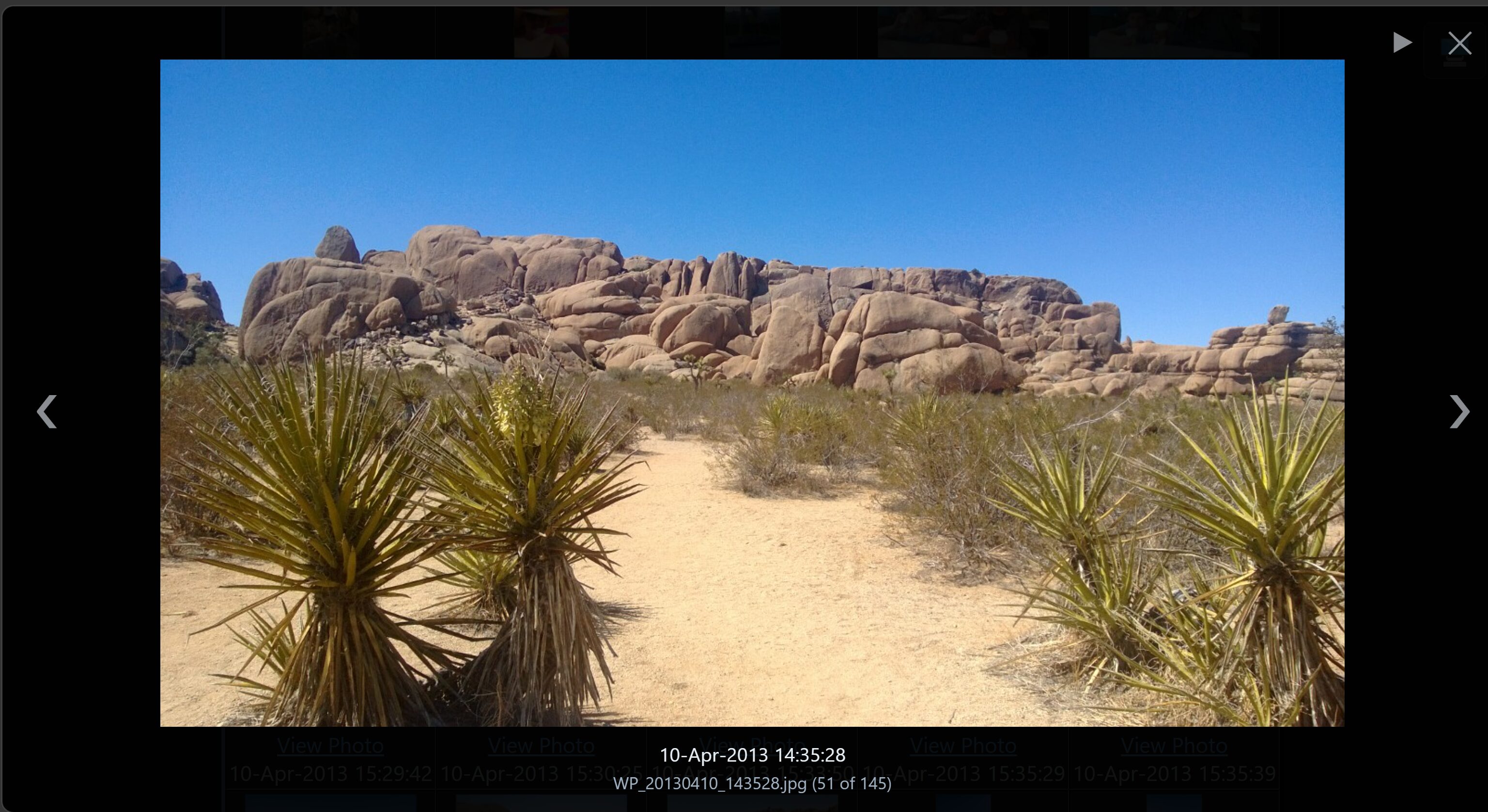 The viewer open over a contact sheet, showing a desert photograph of Joshua trees below a ridge of boulders. An arrow sits at each edge, the play and close buttons are in the top right corner, and the line underneath reads 10-Apr-2013 14:35:28, WP_20130410_143528.jpg (51 of 145)