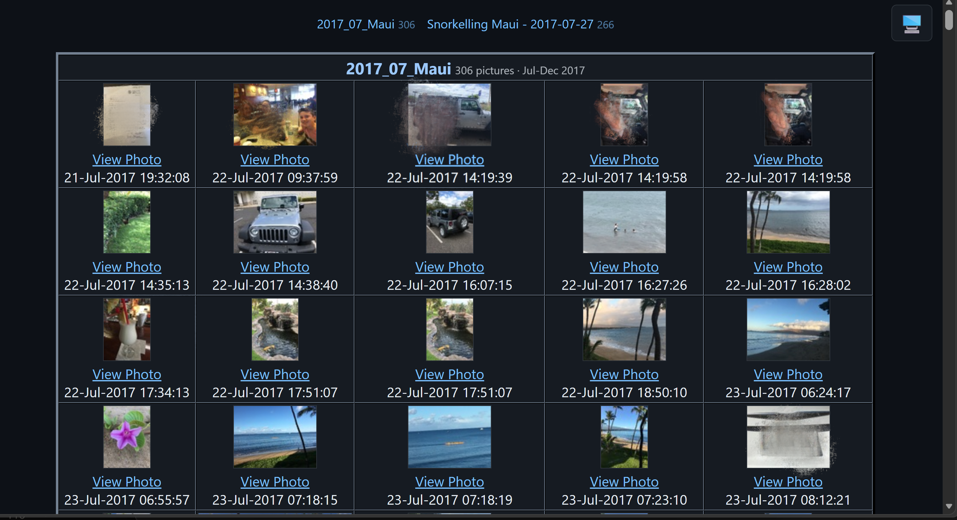 A generated contact sheet in the dark theme. A strip of links across the top reads 2017_07_Maui 306 and Snorkelling Maui - 2017-07-27 266; the table below is headed 2017_07_Maui, 306 pictures, Jul-Dec 2017, over rows of thumbnails each captioned View Photo and the date and time it was taken